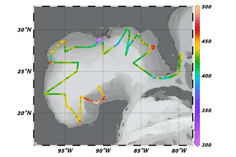 Preliminary mole fraction of carbon dioxide (xCO2, ppm) along the GOMECC-4 cruise track