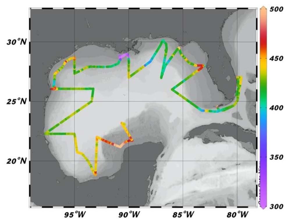 Figure 3. Preliminary mole fraction of carbon dioxide (xCO2, ppm) along the GOMECC-4 cruise track